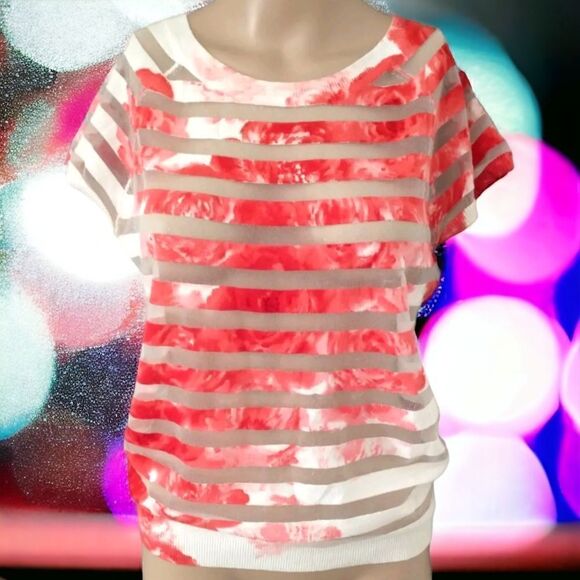 Red White Striped Top Small Mesh Sheer Stripes Tie Dye Lightweight Knit Pullover - Picture 13 of 16